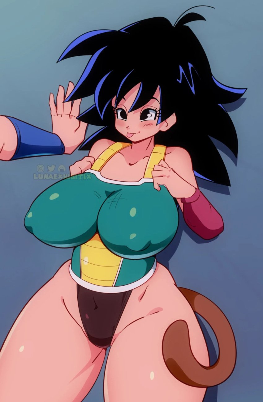 1boy 1girls against_wall bardock big_breasts black_hair dragon_ball dragon_ball_super dragon_ball_z eyebrows gine large_breasts lunaexhabbitix milf mother navel nipple_bulge saiyan saiyan_armor saiyan_tail tail thick_thighs thighs tongue tongue_out wide_hips