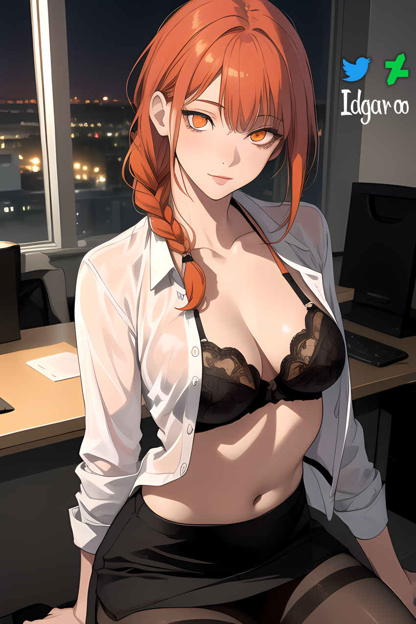 absurd_res ai_generated black_bra bra braid braided_hair breasts chainsaw_man hi_res highres idgaroo makima_(chainsaw_man) night office office_lady open_shirt pantyhose red_hair skirt stable_diffusion white_shirt