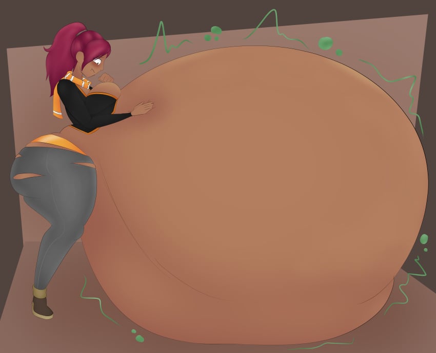 1girls ambiguous_prey ass_expansion belly big_belly big_breasts bloated_belly clothing dark-skinned_female dark_skin digested_prey digestion digestion_noises female gigantic_belly groping_belly groping_self huge_ass huge_belly hyper_belly lordofgee massive_belly ponytail vore vore_belly