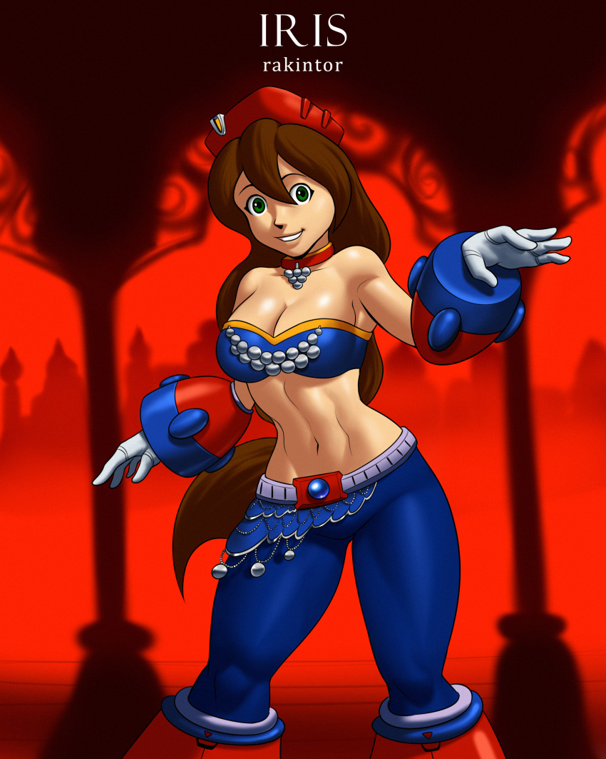 1girls belly_dancer belly_dancer_outfit brown_hair capcom cleavage green_eyes harem_girl harem_outfit hat iris_(mega_man) large_breasts long_hair looking_at_viewer mega_man mega_man_x pants rakintor robot_girl