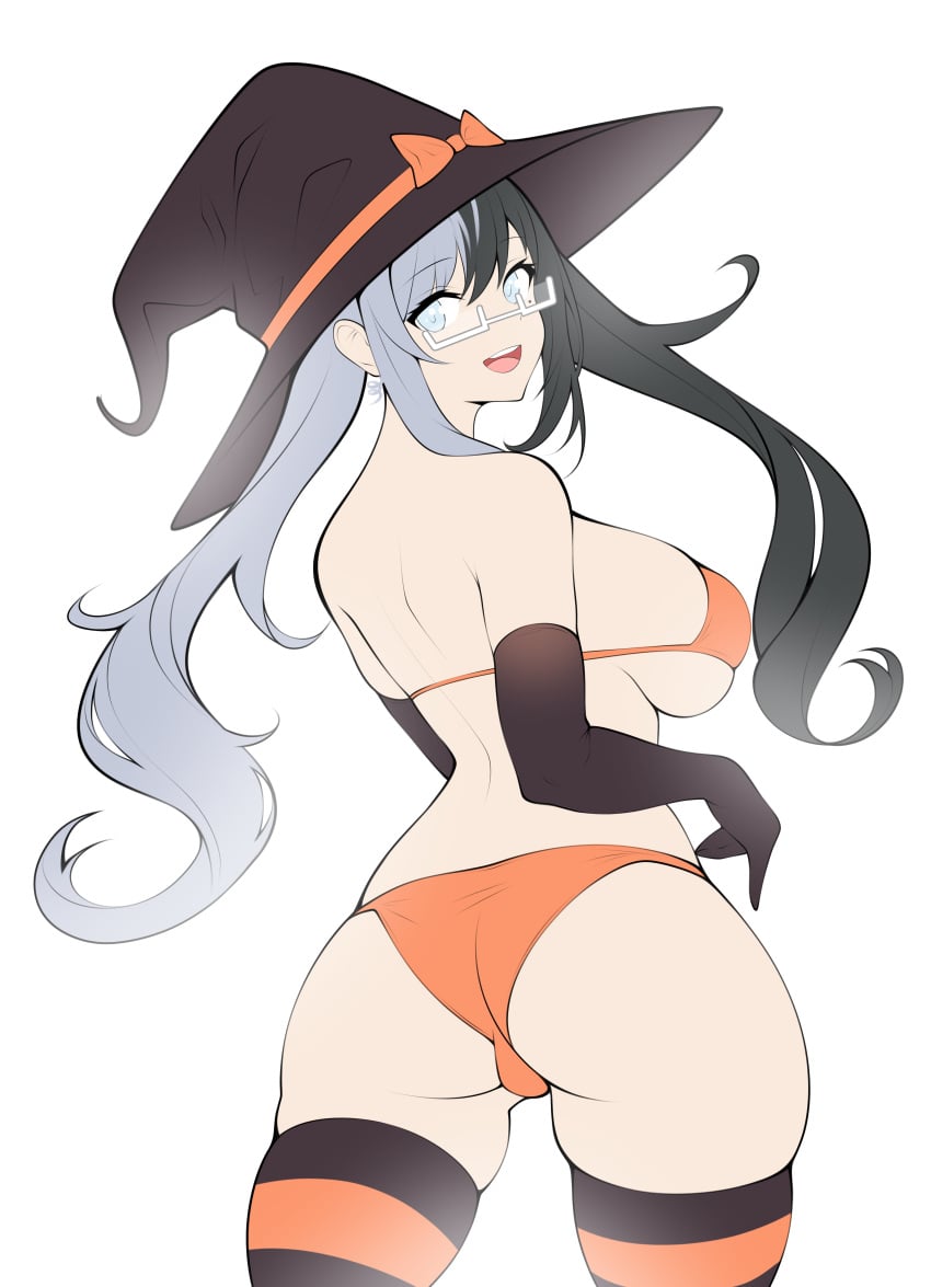 barely bikini breasts brown clothed clothes costume cute female glasses halloween hat orange skimpy sorceress spooky stockings thick witch ych