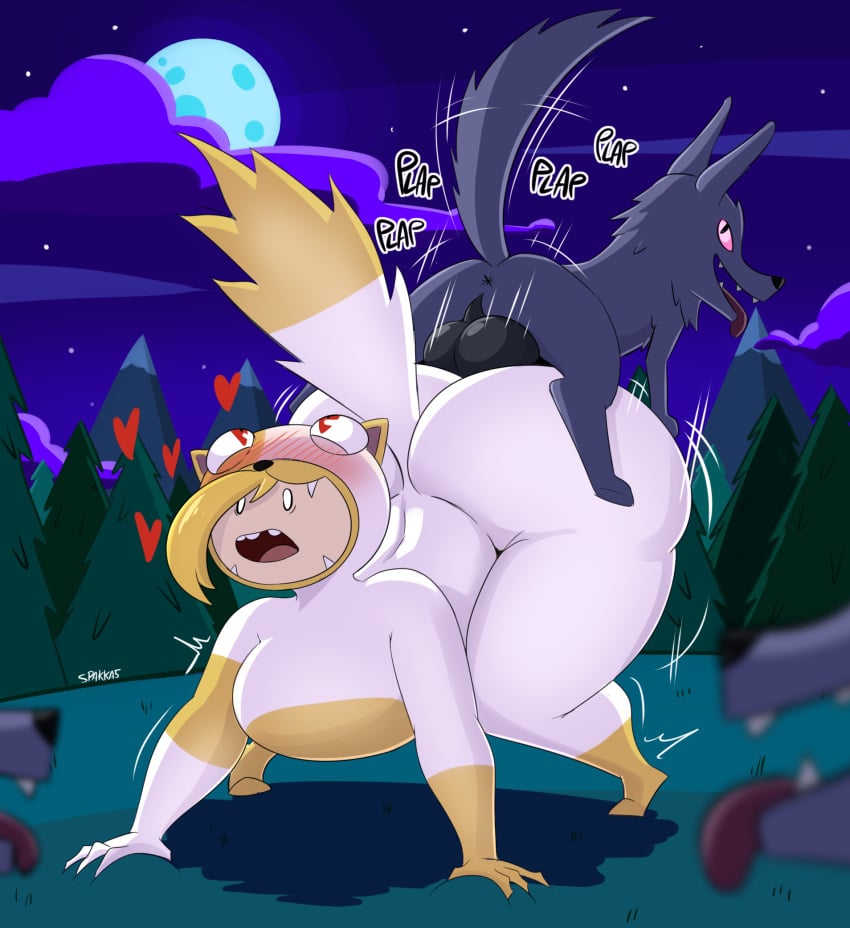 adventure_time ambiguous_penetration animal_penis bestiality big_breasts blush cake_the_cat cakesuit canine_genitalia canine_penis cartoon_network curvaceous fionna_and_cake fionna_the_human_girl high_resolution highres huge_ass interspecies living_clothes living_costume mounting on_all_fours size_difference small_dom_big_sub spakka5 thick_thighs wolf zoophilia