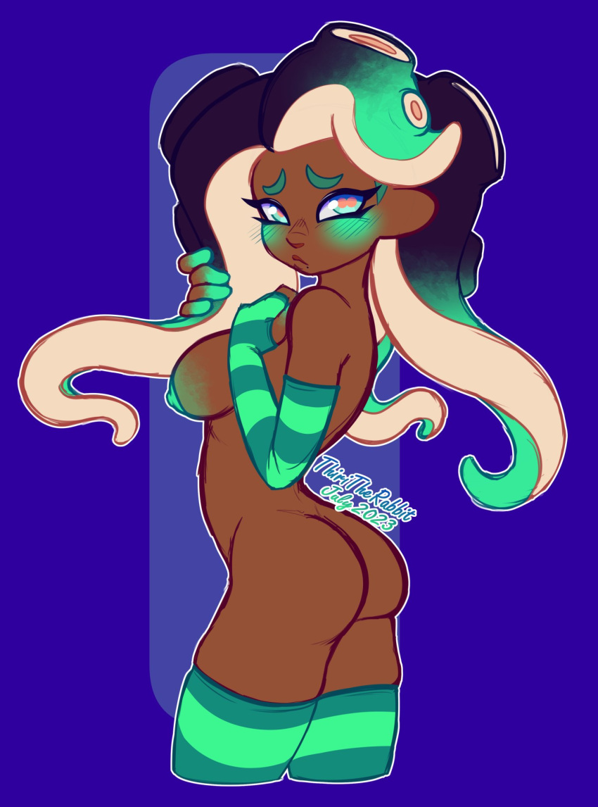 ass breasts dark-skinned_female female green_nipples marina_(splatoon) octoling octoling_girl splatoon splatoon_2 tentacle_hair thighhighs thiritherabbit