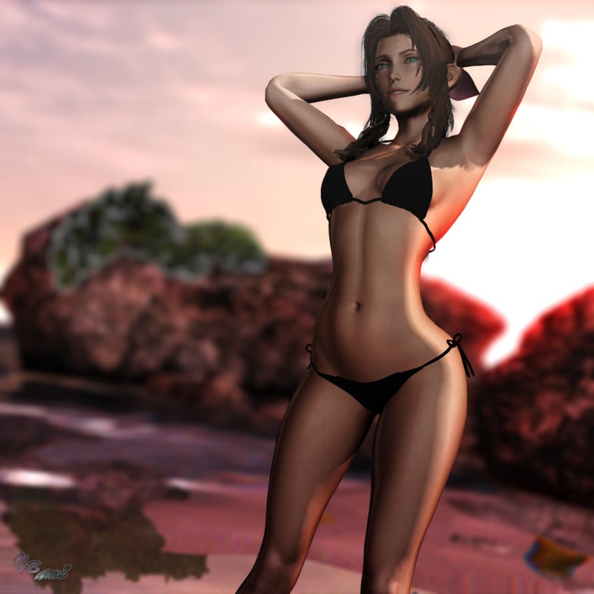 1girls 3d aerith_gainsborough armpits arms_behind_head beach bikini black_bikini braid braided_ponytail breasts brown_hair cleavage confident female female_only final_fantasy final_fantasy_vii final_fantasy_vii_remake fully_clothed green_eyes legs looking_at_viewer medium_breasts navel ocean pose posing sensual sexy_armpits smile solo thighs virtualblueam2 water