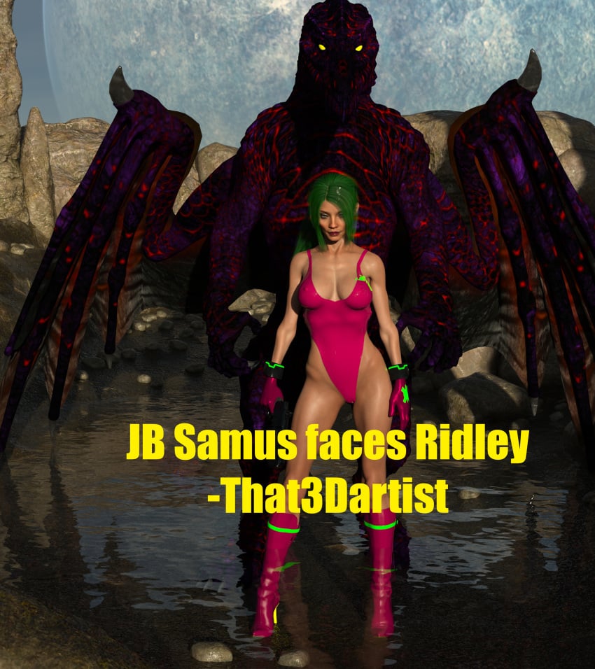 3d anal athletic athletic_female caption captured captured_heroine fight forced green_eyes green_hair gun hi_res imminent_rape imminent_sex justin_bailey metroid pain rape ridley ridley_(metroid) samus_aran size_difference smaller_female spiked_cock surprised that3dartist thong water