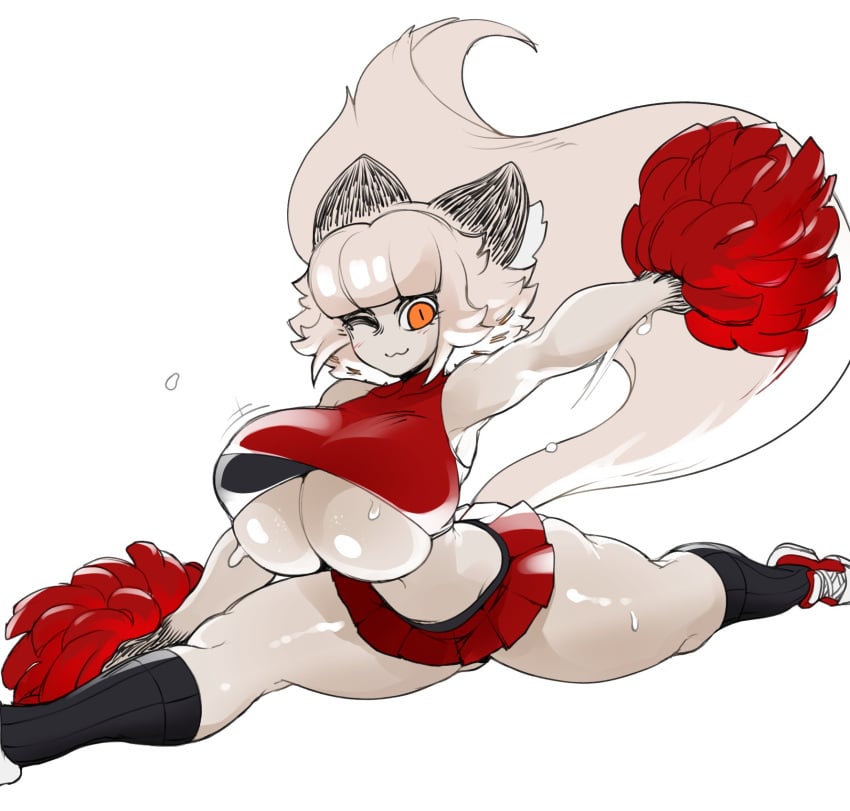 2023 amber_eyes breast_squish cat_ears cat_tail catgirl catmaid_(dizzyspells) cheerleader cheerleader_uniform dizzyspells exposed_midriff female flexible fluffy_tail highres huge_breasts kneesocks looking_at_viewer miniskirt pale_skin pom_poms shiny_skin smile sneakers solo splits sweat thick_thighs underboob white_hair wide_hips wink winking_at_viewer