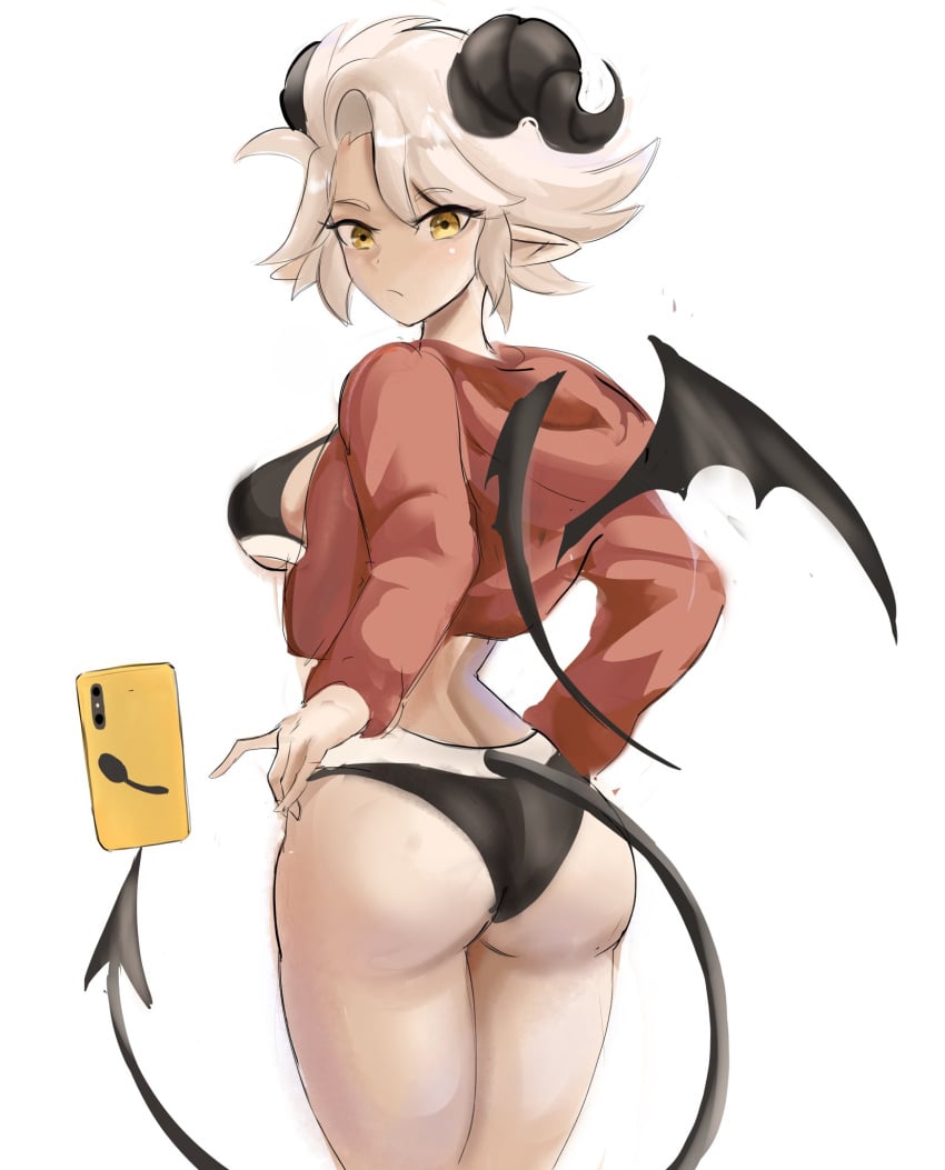 1girls 2021 ass ass_focus black_bra black_panties bra breasts female_focus golden_eyes horns original panties phone rakeemspoon selfie susan_(rakeemspoon) tail thighs white_hair