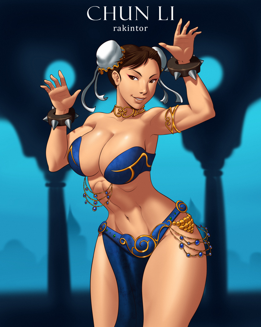 1girls asian asian_female athletic_female belly_dancer belly_dancer_outfit brown_eyes brown_hair capcom chun-li cleavage collar dancer femsub fit_female happy_sub harem_girl harem_outfit huge_breasts jewelry loincloth rakintor slave slave_collar slave_outfit slavegirl spiked_bracelet street_fighter submissive_female thick_thighs voluptuous wide_hips