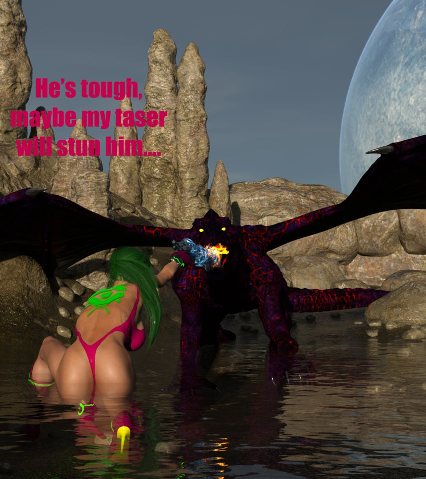 3d anal athletic athletic_female caption captured captured_heroine fight forced green_eyes green_hair gun hi_res imminent_rape imminent_sex justin_bailey metroid pain rape ridley ridley_(metroid) samus_aran size_difference smaller_female spiked_cock surprised that3dartist thong water