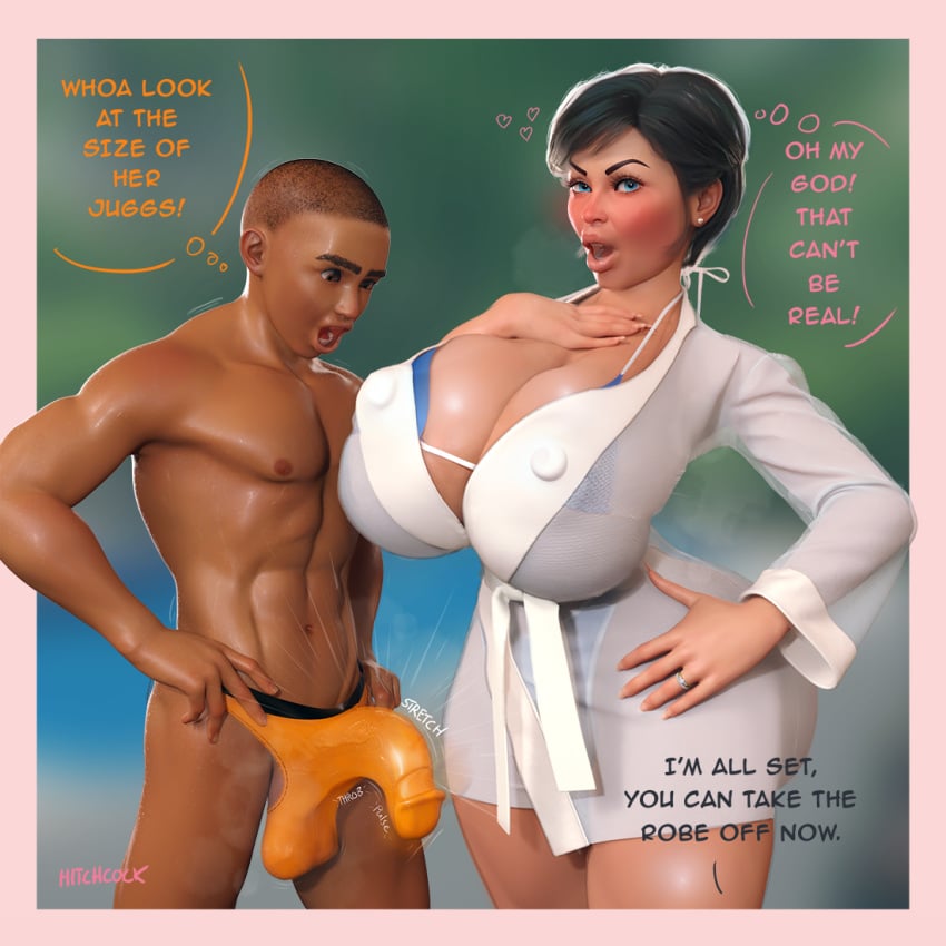 1boy 1girls 3d age_difference ass balls big_ass big_breasts big_butt big_penis breasts bulge cleavage curvy dark-skinned_male dickini english_text female hitchcock huge_ass huge_breasts interracial male married_woman mature_female milf modeling nipple_bulge older_female penis robe size_difference speedo text thick_thighs thought_bubble wedding_ring wide_hips wife