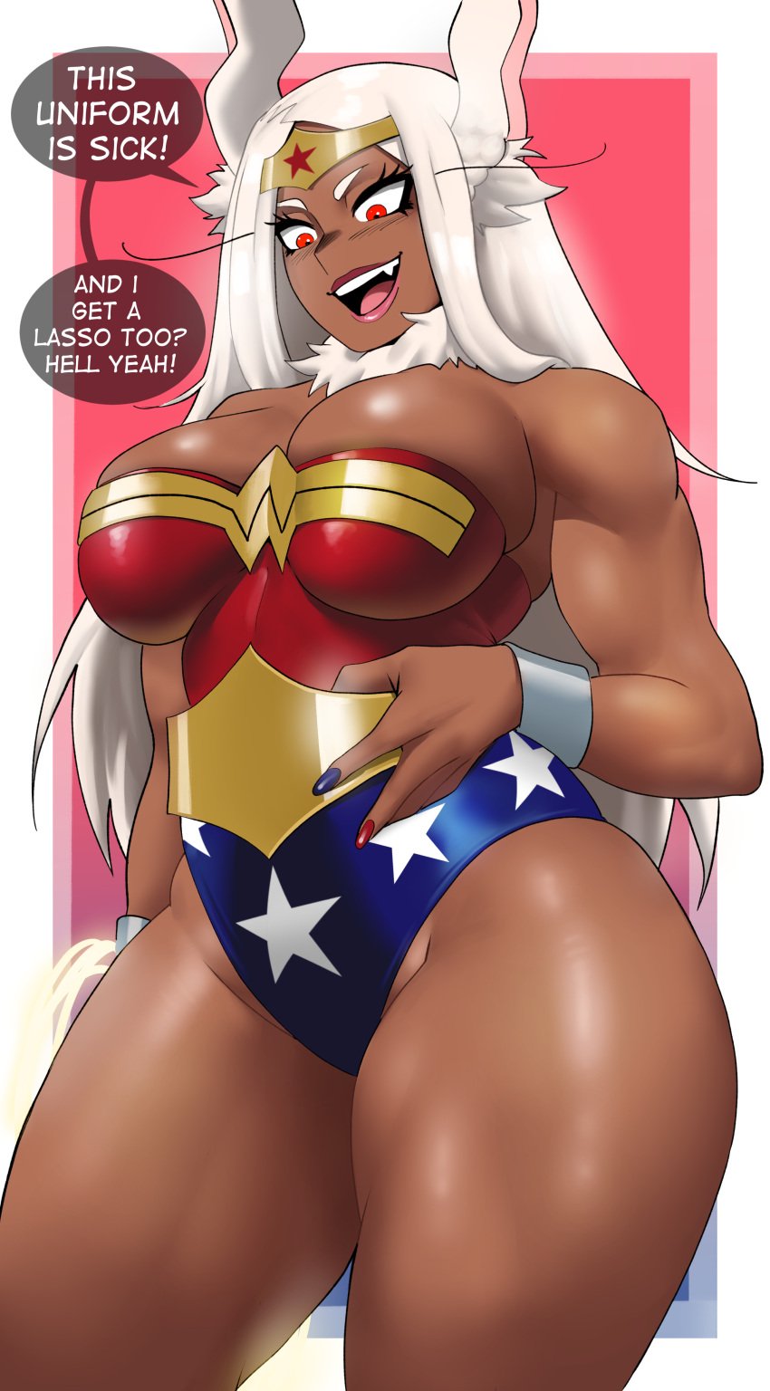 1girls :d absurd_res absurdres animal_ears bare_arms bare_shoulders big_breasts blue_nails breasts bunny_ears circlet cleavage cosplay cowboy_shot crossover_cosplay curvy dark-skinned_female dark_skin dc dc_comics echosaber english_text eyelashes fat_breasts female female_only groin hi_res highres large_breasts leotard long_hair miruko my_hero_academia nail_polish open_mouth pink_lips red_eyes red_nails rumi_usagiyama shiny_skin smile solo standing strapless strapless_leotard thick_thighs thighs thighs_together very_long_hair white_hair wonder_woman_(cosplay) wonder_woman_(series) wrist_cuffs