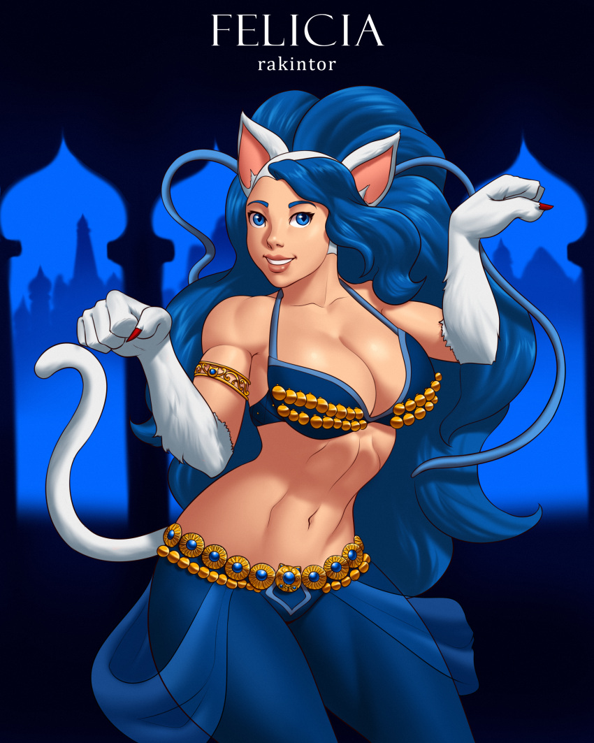 athletic_female belly_dancer belly_dancer_outfit blue_eyes blue_hair capcom cat_ears cat_tail catgirl cleavage clothing darkstalkers felicia_(darkstalkers) fit_female harem_girl harem_outfit harem_pants huge_breasts large_breasts long_hair rakintor voluptuous white_fur