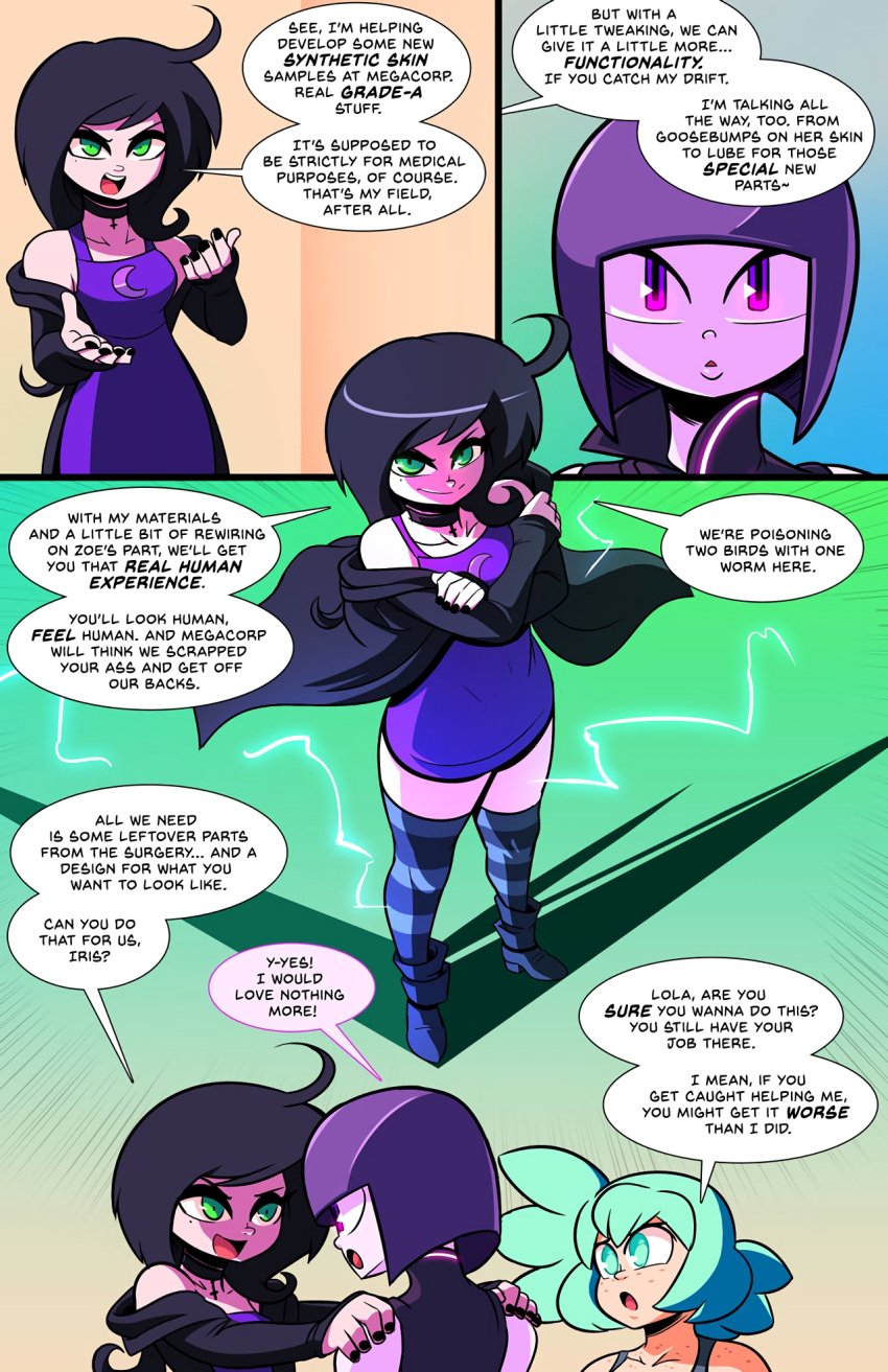 3girls ahoge black_nails boots choker comic comic_page crop_top dark_hair exposed_shoulders freckles fushark goth goth_girl green_eyes light-skinned_female multiple_girls original original_character purple_body purple_eyes purple_hair robot robot_girl short_hair slipshine thighhighs turquoise_eyes turquoise_hair