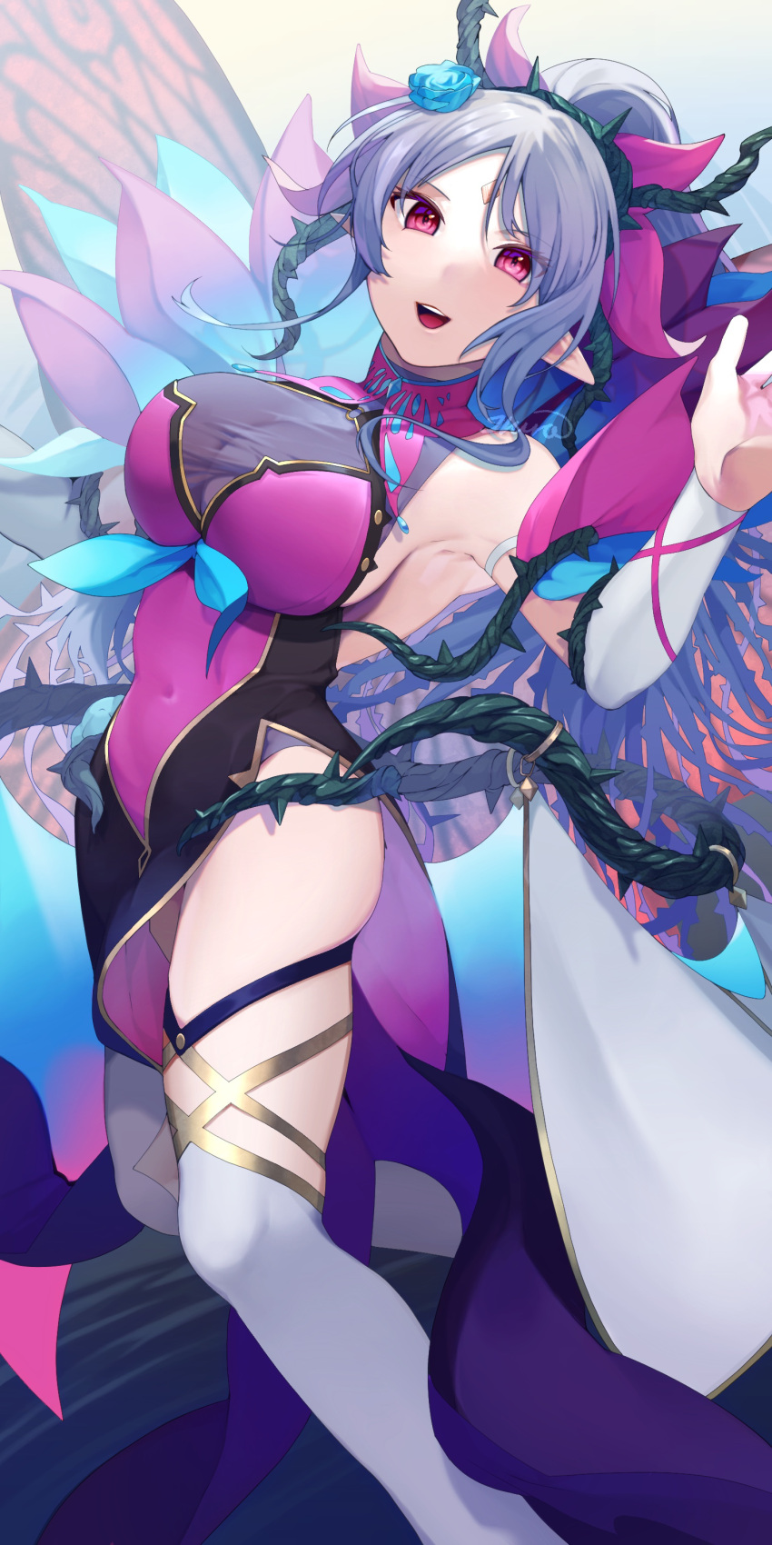 1girls :d absurdres alternate_costume armpits bare_shoulders bare_thighs boots breasts bridal_gauntlets cleavage covered_navel facial_mark fairy_wings female female_only fire_emblem fire_emblem_heroes flower forehead_mark grey_hair hair_flower hair_ornament highres ikura_(downdexp) large_breasts long_hair looking_at_viewer navel nintendo official_alternate_costume pink_eyes plumeria_(fire_emblem) plumeria_(rapturous_dream)_(fire_emblem) pointy_ears ponytail sideboob signature smile solo thigh_boots thighs thorns very_long_hair white_footwear wings