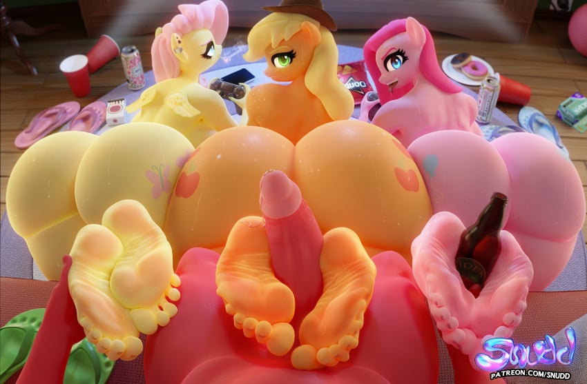 1boy 3d 3girls applejack_(mlp) barefoot big_macintosh_(mlp) controller feet feet_on_penis female flip_flops fluttergoth fluttershy_(mlp) food_on_floor foot_fetish foot_focus footjob footprint_on_sandals friendship_is_magic holding_feet holding_with_feet my_little_pony no_penetration pinkamena_(mlp) pinkie_pie_(mlp) sandals smoking snuddy soles toes