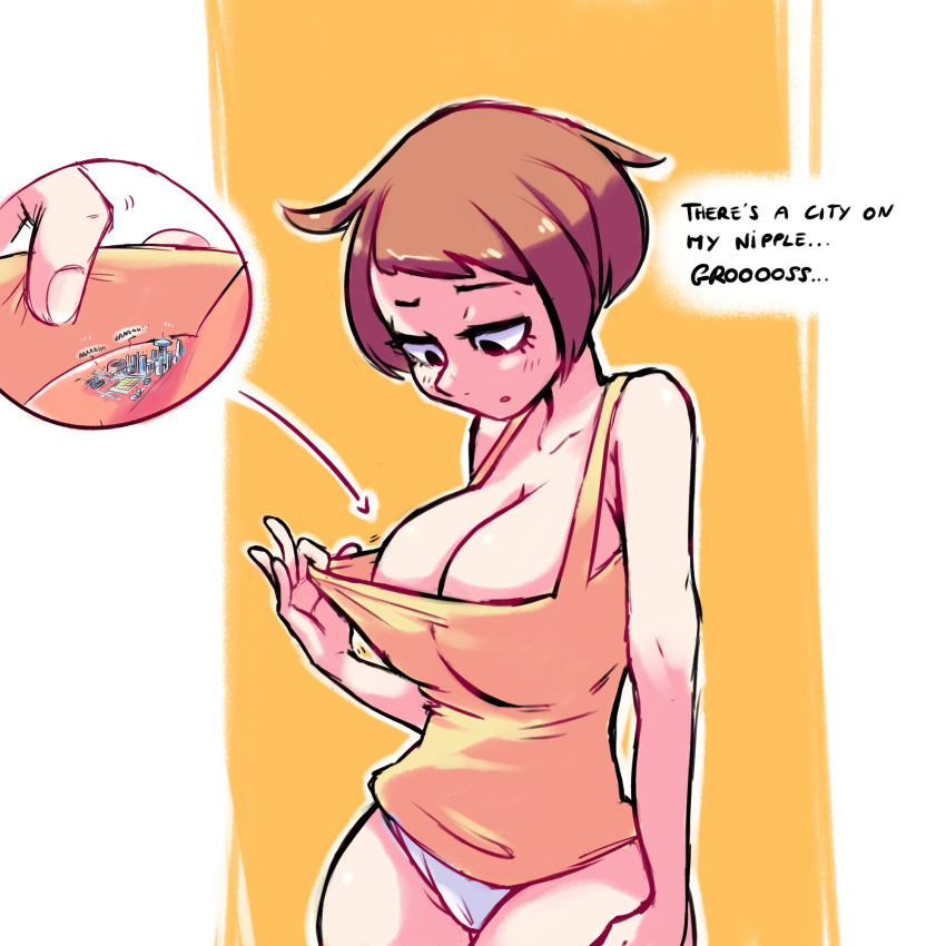 anime_style big_breasts black_eyes black_hair blush breasts city fingers giantess kh14us looking_down macrophilia nipple panties red_hair short_hair shrunk shrunken speech_bubble text thighs twitter white_background yellow_background yellow_shirt