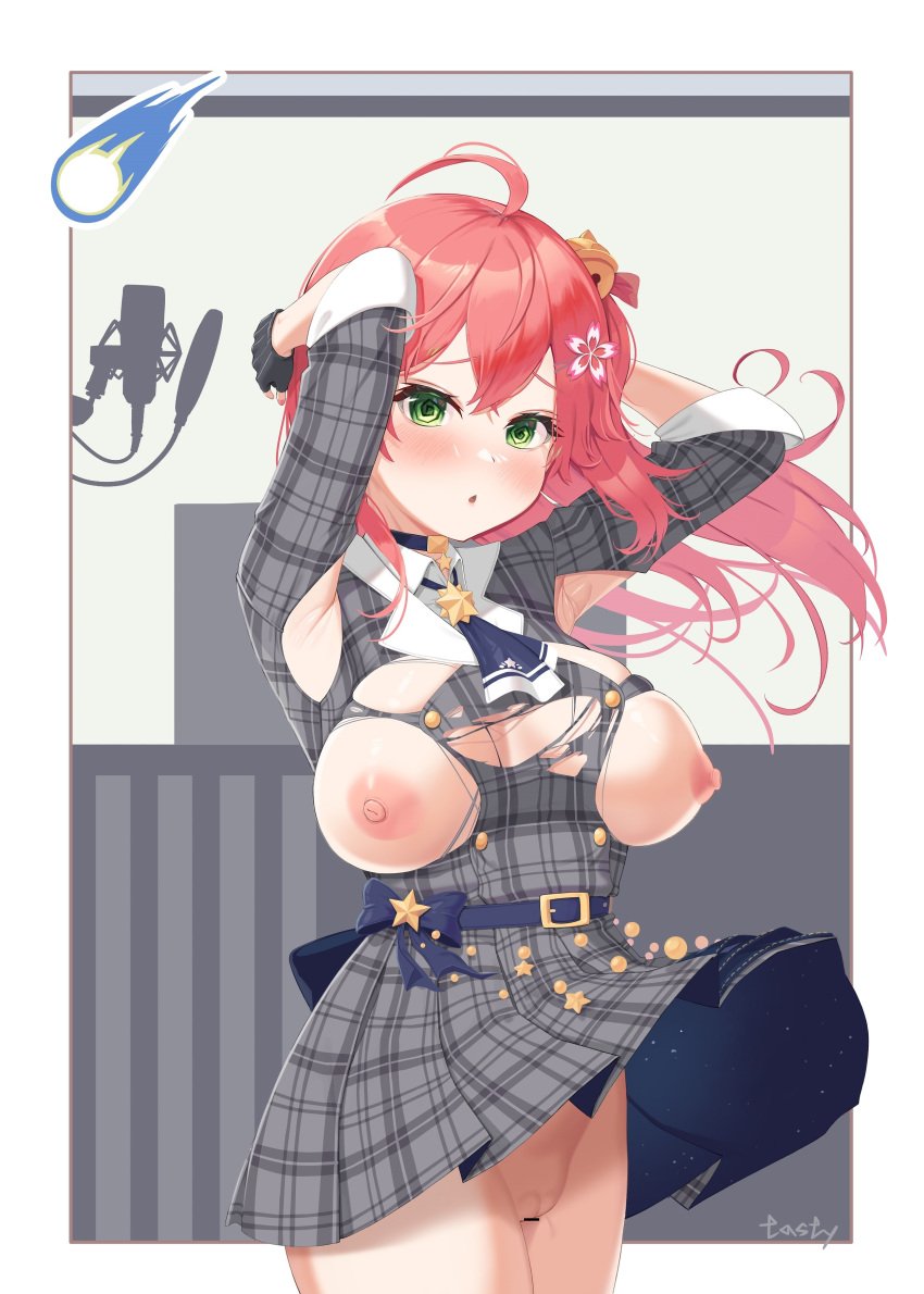 :o absurdres ahoge armpits arms_behind_head bar_censor belt blue_belt blush breasts breasts_out bursting_breasts censored choker cosplay dress exposed_armpits exposed_breasts exposed_pussy female green_eyes grey_dress hair_ornament hairclip harry_(dudwofla) highres hololive hololive_gen_0 hololive_japan hoshimachi_suisei hoshimachi_suisei_(cosplay) large_breasts long_hair looking_at_viewer microphone nipples no_bra no_panties one_side_up pink_hair plaid plaid_dress pleated_dress pussy pussy_juice sakura_miko short_dress solo star_(symbol) star_choker torn_clothes torn_dress undersized_clothes virtual_youtuber wind wind_lift