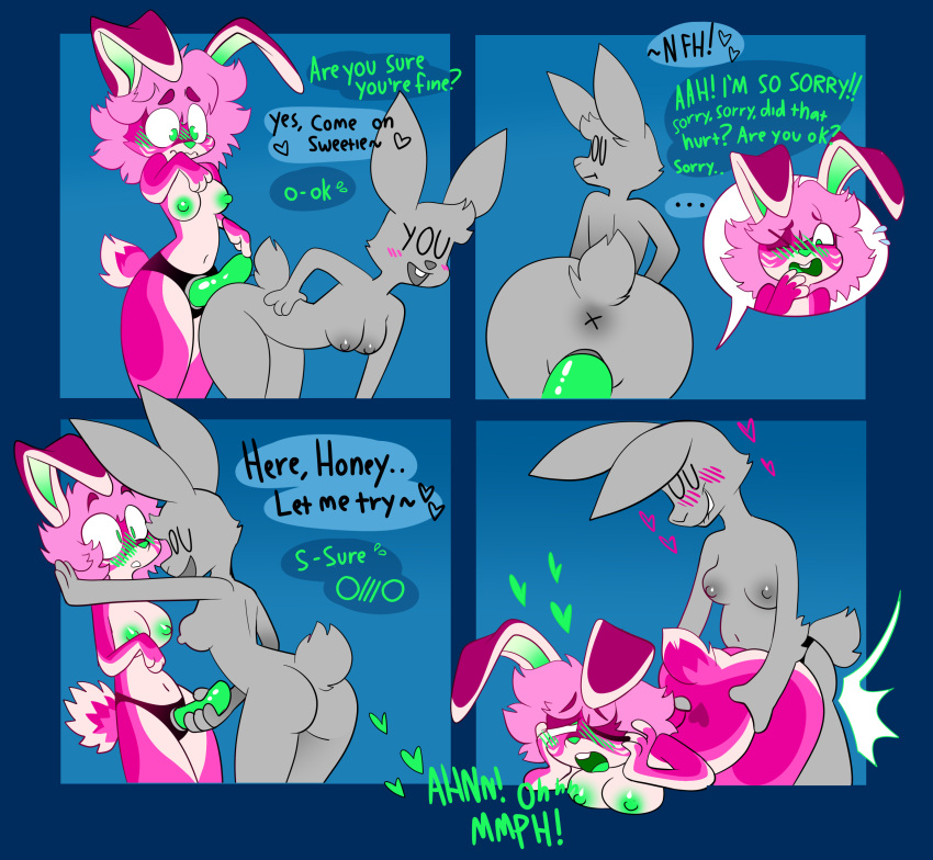 absurd_res anthro blush breasts comic comic_panel dildo duo female female/female fur hi_res humor lagomorph leporid mammal moan olive_cow penetration pink_body pink_fur presenting rabbit sashathebunny sex sex_toy speech_bubble strapon strapon_sex toying_partner vaginal_penetration