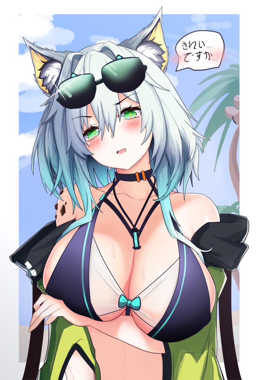 1girls 2023 animal_ear_fluff animal_ears arknights beach blush bra breasts cat_ears catgirl ddddecade green_eyes hi_res kal'tsit_(arknights) large_breasts light-skinned_female light_skin looking_at_viewer necklace outdoors outside solo standing sunglasses sunglasses_on_head swimsuit swimwear text white_hair