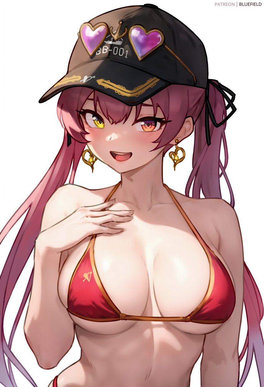 1girls 2d arms belly bikini bluefield boobs bra breasts clothed clothing covered_breasts covered_nipples digital_drawing_(artwork) earrings female female_focus female_only glasses_on_head hair hat heterochromia hololive hololive_fantasy hololive_japan houshou_marine image light-skinned_female light_skin long_hair looking_at_viewer open_eyes open_mouth red_eyes red_hair smile sole_female standing stomach virtual_youtuber yellow_eyes