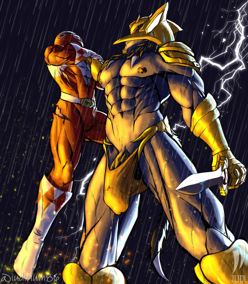 2boys abs anthro asphyxiation battle bulge choking clothing duo gay goldar hi_res human iudicium86 light lighting low-angle_view male male/male male_only mammal melee_weapon monster muscular nipples power_rangers raining red_ranger skimpy_armor sword thong underwear weapon yaoi