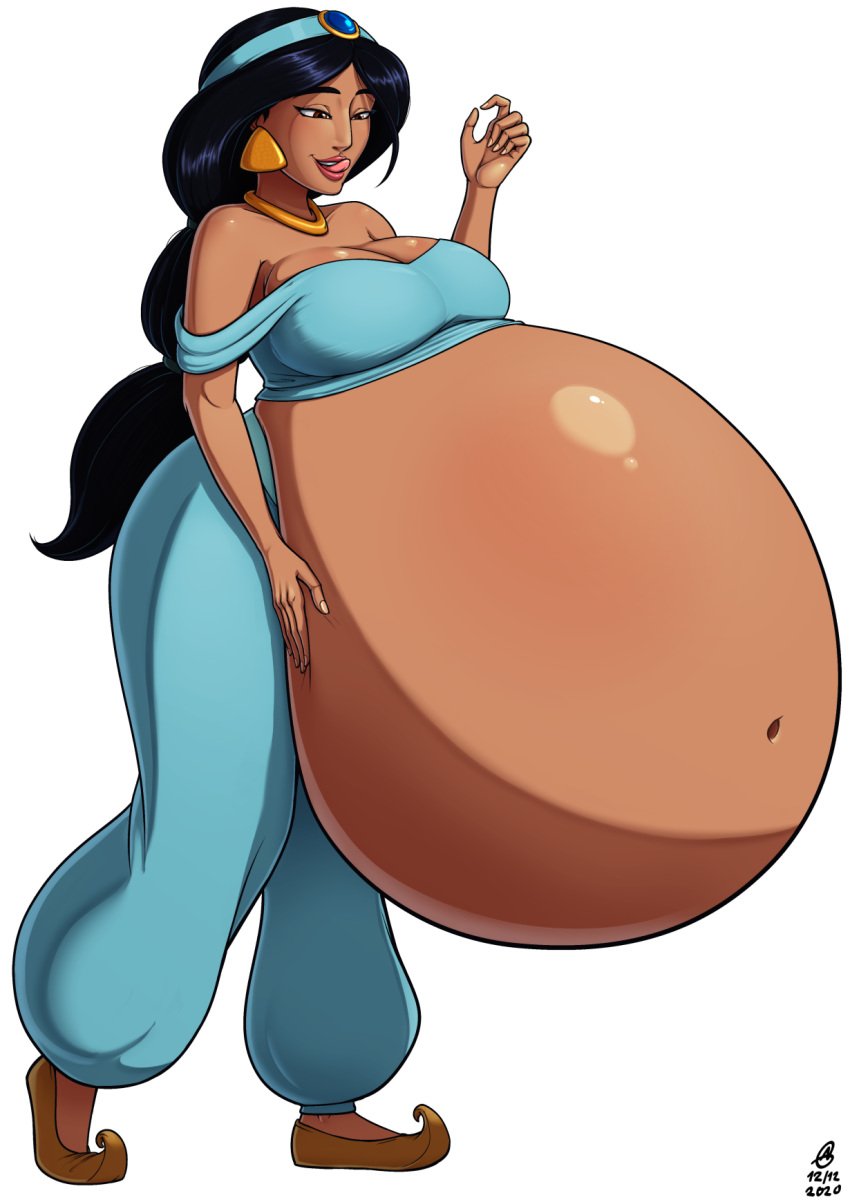 1girls a0iisa aladdin big_belly cleavage dark-skinned_female disney disney_princess earrings female female_only full_body harem_outfit huge_belly huge_breasts hyper_belly licking_lips long_hair necklace princess_jasmine solo