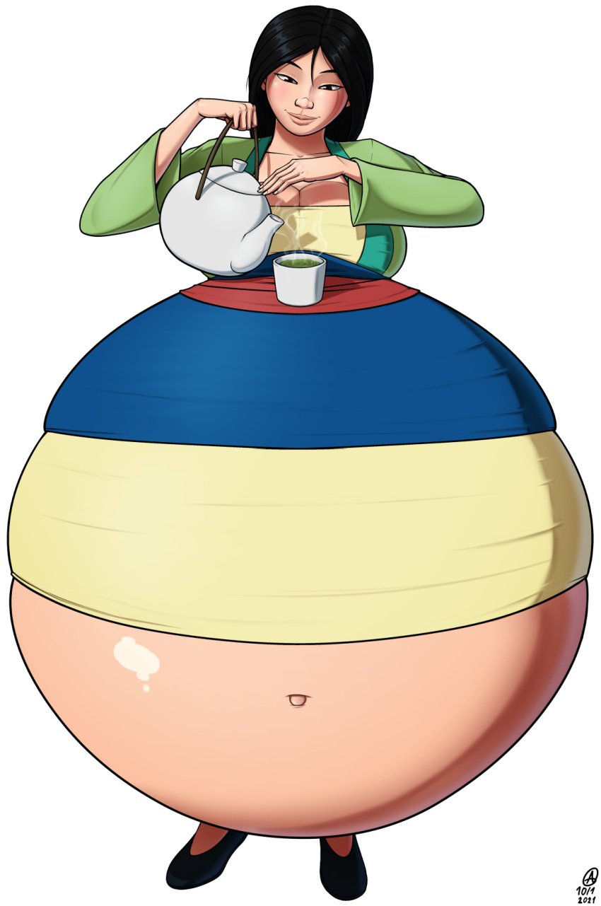 1girls 2021 a0iisa cleavage disney disney_princess fa_mulan female_only full_body gigantic_belly huge_breasts hyper_pregnancy matching_hair/eyes mulan mulan_(1998_film) obese solo tea_cup tea_pot transparent_background white_outline