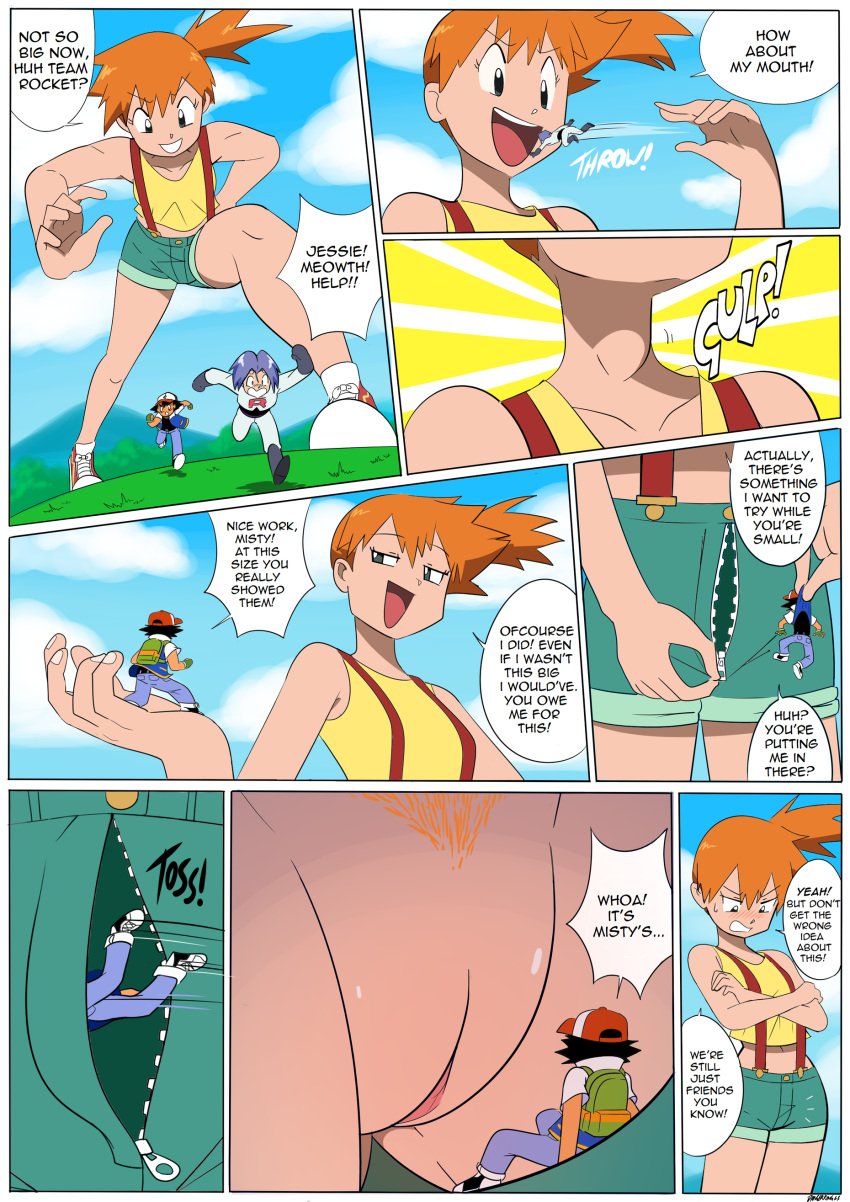 1girls 2boys ash_ketchum blushing comic dangerking11 giantess giantess-fan-comics giantess_vore hairy_pussy inside_clothing james james_(pokemon) kasumi_(pokemon) misty_(pokemon) orange_hair pants pokemon pussy satoshi_(pokemon) team_rocket vagina vore