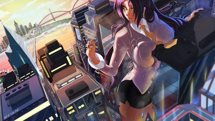 anime_style big_breasts black_hair black_pants breasts bridge brown_eyes building butt city cityscape cracks crush crushing destruction deviantart giantess long_hair macrophilia office_lady office_uniform outfit skyscraper sunset white_shirt