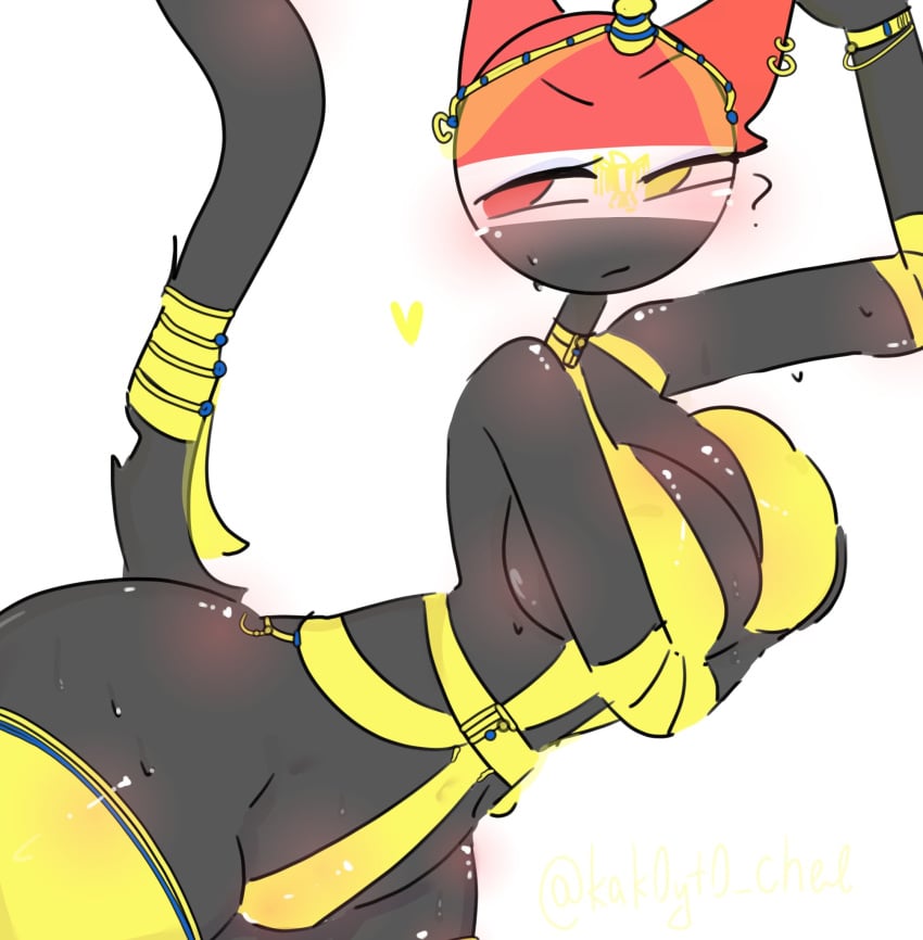 arm_up bent_over black_skin cat_ears cat_tail catgirl countryhumans countryhumans_girl egypt_(countryhumans) headwear kak0yt0_chel neko red_eyes yellow_eyes yellow_thighhighs