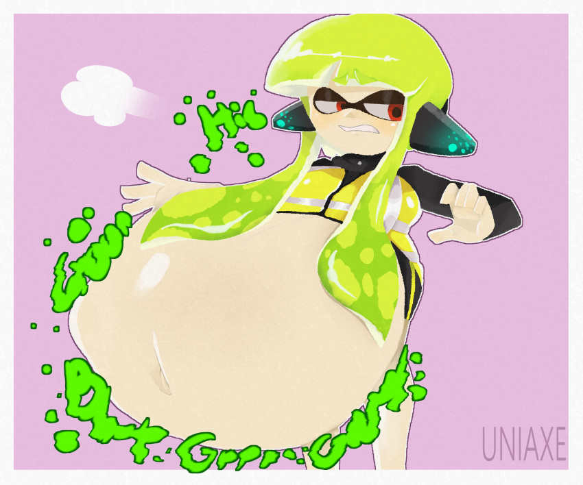 1girls agent_3_(splatoon) ambiguous_prey artist_name belly blush digestion digestion_noises female_pred huge_belly implied_vore inkling inkling_girl inkling_pred inkling_prey nintendo oral_vore red_eyes splatoon stomach_noises uniaxe vore