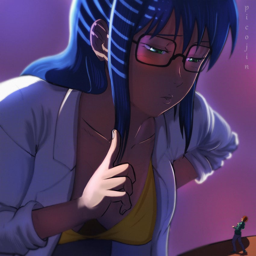 anime_style black_hair blue_hair blush blush deviantart fingers giantess glasses green_eyes hands lips long_hair macrophilia mouth picojin purple_background scientist shrunk shrunken table tease teasing tiny_person white_clothing yellow_shirt