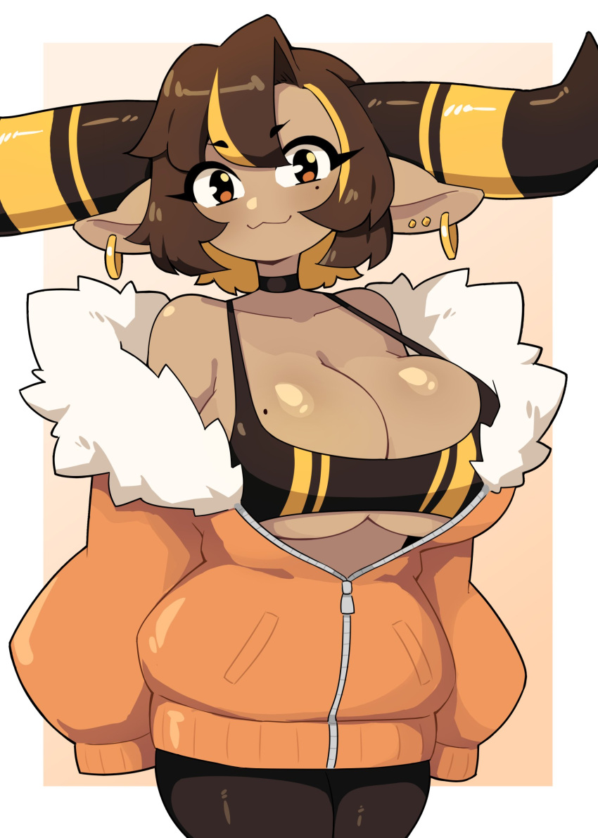 1girls :3 big_breasts big_horns breasts brown_hair cowboy_shot cute_face dark-skinned_female dark_skin draph_race_(granblue_fantasy) earrings female female_only fluffy_jacket granblue_fantasy horns j5daigada jacket long_horns looking_at_viewer mole mole_on_breast original original_character owo pica_(daigada) pointy_ears smiling smiling_at_viewer solo sports_bra sunglasses_on_head thighs unzipped_jacket yellow_highlights