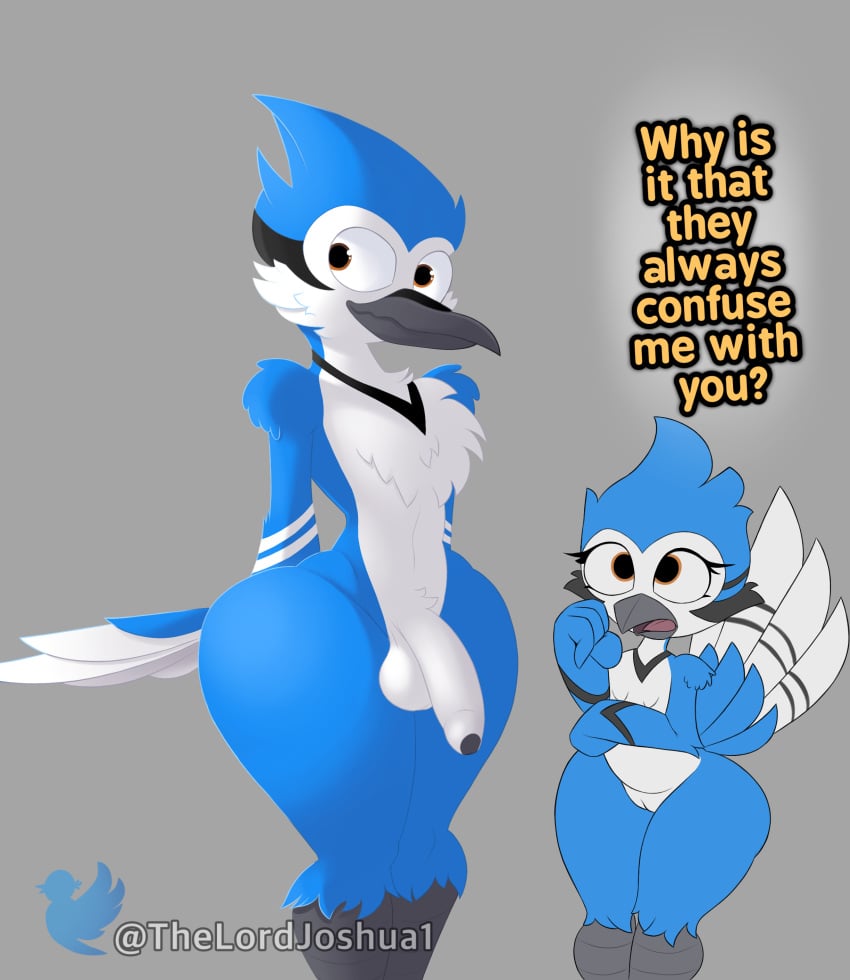 absurd_res animal_humanoid anthro avian avian_humanoid balls beak bird bird_humanoid blue_body blue_feathers blue_jay cartoon_network corvid curvy_body curvy_female curvy_figure curvy_male dialogue duo fan_character feathers female genitals girly hi_res humanoid jay_(bird) looking_at_another looking_back male male_only mordecai_(regular_show) multicolored_body multicolored_feathers new_world_jay nude_female nude_male orange_eyes oscine passerine passerine_humanoid penis pussy regular_show short_stack size_difference smaller_anthro smaller_female tail_feathers text thelordjoshua1 thick_thighs watermark zafiro_(thelordjoshua)