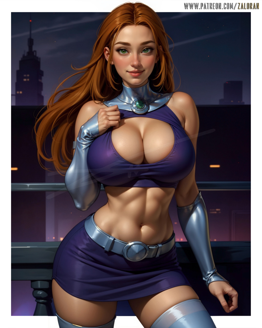 ai_generated alien alien_girl big_breasts brown_hair cleavage dc dc_comics green_eyes koriand'r korichi midriff skirt starfire tamaranean teen_titans thick_thighs zaloran