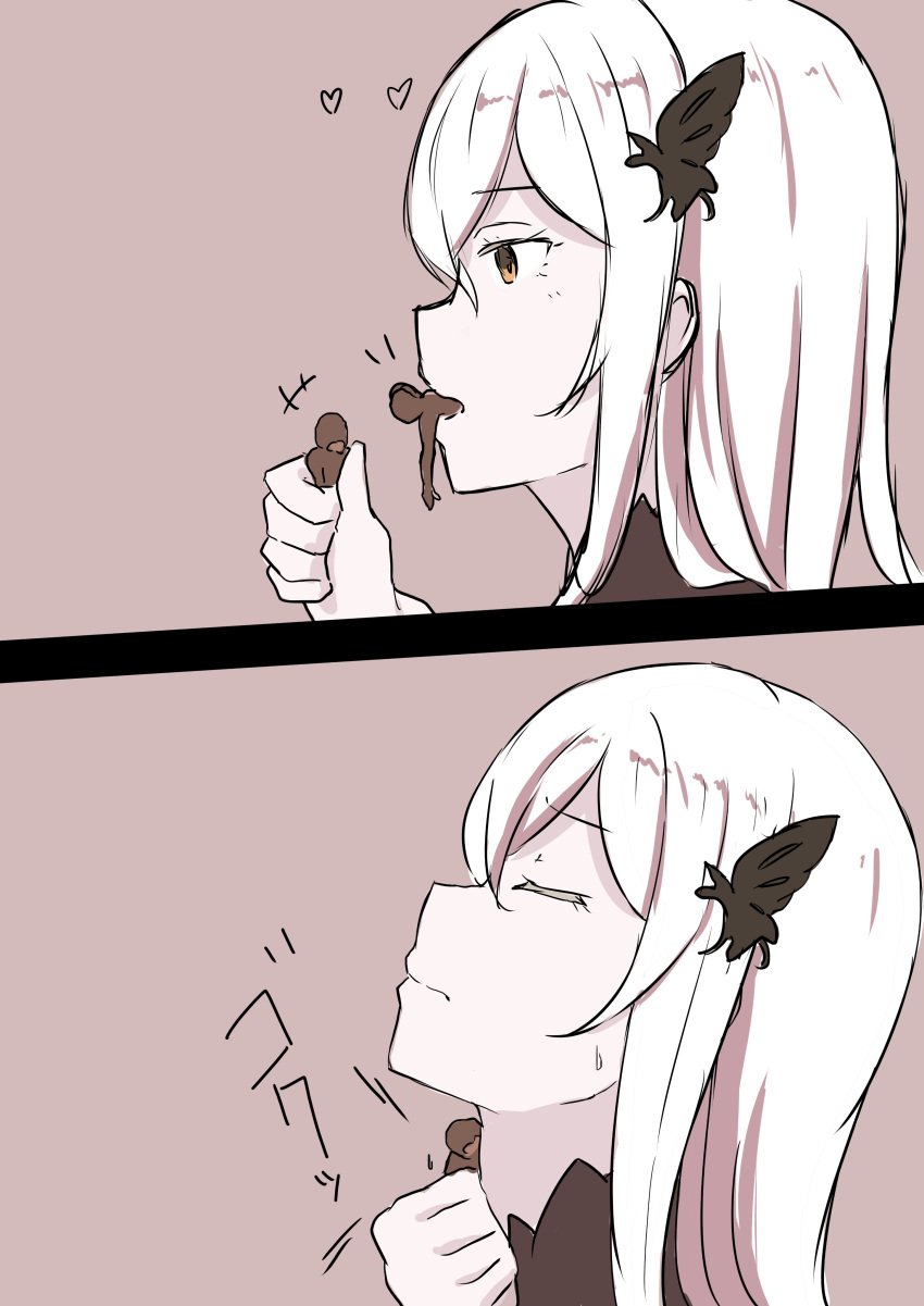 anime_style brown_hair echidna_(re:zero) giantess hair_clip hands holding macrophilia oral_vore pink_background re:zero_kara_hajimeru_isekai_seikatsu shrunk shrunken swallowing throat tiny_person twitter vore white_hair