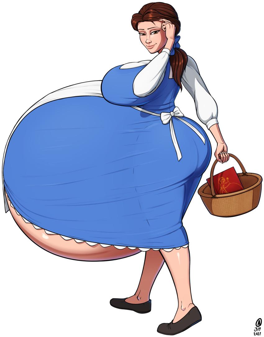 1girls a0iisa beauty_and_the_beast belle belly big_belly big_breasts breasts disney disney_princess female huge_ass huge_belly hyper_pregnancy long_hair looking_at_viewer matching_hair/eyes pregnant