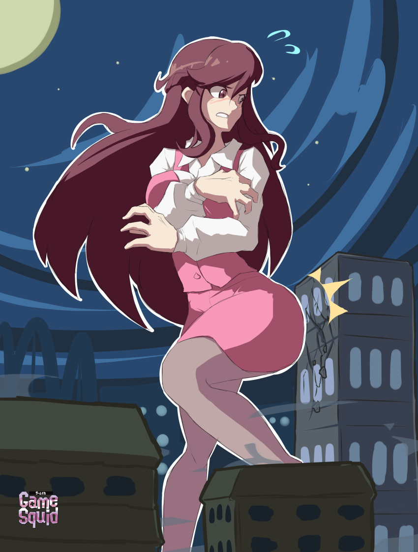 anime_style ass big_breasts blush breasts building city cityscape cracks crush crushing dark_background destruction expressions gamesquid giantess kick legs long_hair macrophilia monica_(pokemon) night nintendo npc_trainer office_lady_(pokemon) pink_dress pink_pants pixiv pokemon pokemon_bw red_eyes red_hair skyscraper thighs white_shirt