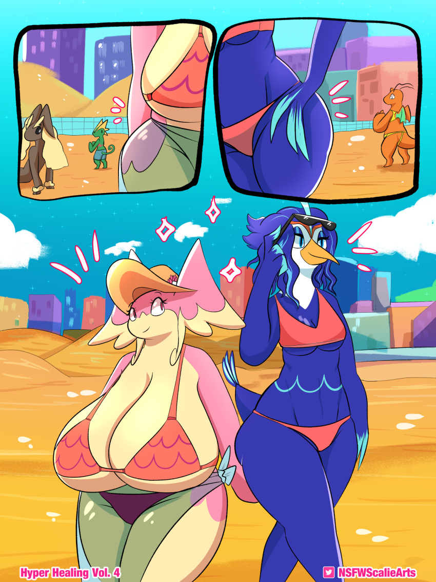 3:4 anthro audino beach big_breasts bikini breasts clothed clothing dragonite female feral generation_1_pokemon generation_4_pokemon generation_5_pokemon generation_9_pokemon goopyarts hi_res huge_breasts hyper hyper_breasts lopunny nintendo pink_body pokemon pokemon_(species) quaquaval raina_(goopyarts) seaside slightly_chubby swimwear thick_thighs wide_hips