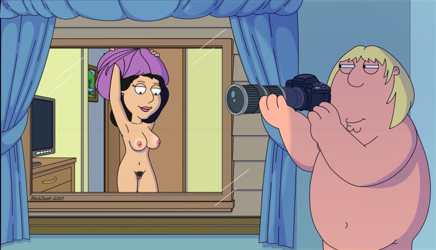 1milf blackzacek bonnie_swanson camera chris_griffin completely_nude_female family_guy fat_man married_woman milf neighbor nude_male peeping_tom spying taking_off_dress undressing undressing_self young_man_and_milf