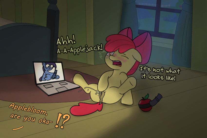 1girls ?! accident anatomically_correct anus apple_bloom_(mlp) applejack_(mlp) ass awkward awkward_moment bedroom blush blushing_profusely bodily_fluids caught caught_cumming caught_masturbating clitoral clitoral_masturbation clitoris computer cum dark_room dildo dock ejaculation embarrassed english_text equid equine exclamation_point exposed female female_ejaculation female_masturbation female_only feral friendship_is_magic gasp genital_fluids genitals hasbro hi_res horrified horse humor indoors laptop lies lying mammal masturbation mlpfimwhy motion_lines my_little_pony naked nervous_sweat not_what_it_looks_like nude one_eye_closed oops open_mouth orgasm panicking pony pussy pussy_ejaculation pussy_juice question_mark sex_toy shocked shocked_expression sitting solo spread_legs spreading strap-on strapon sweat sweatdrop tail text uncensored