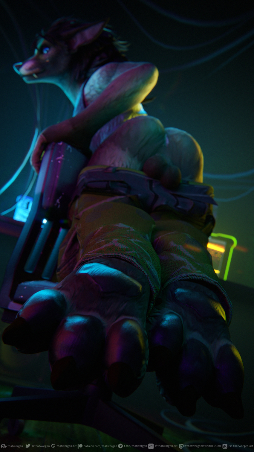 2023 3d_(artwork) 3dsmax 4k 9:16 absurd_res anthro anus ass backsack balls black_hair black_nose blizzard_entertainment blue_eyes bottomwear bottomwear_down canid chair claws clothed clothing computer_monitor cybernetics cyberpunk cyberpunk_2077 destiney_crawford_(thatworgen) digital_media_(artwork) digitigrade feet foot_fetish foot_focus fur furniture futanari futuristic genitals gynomorph hair hi_res intersex looking_at_viewer machine mammal office_chair pants pants_down partially_clothed pawpads paws presenting presenting_anus presenting_hindquarters solo text thatworgen toes topwear url warcraft watermark were werecanid worgen world_of_warcraft