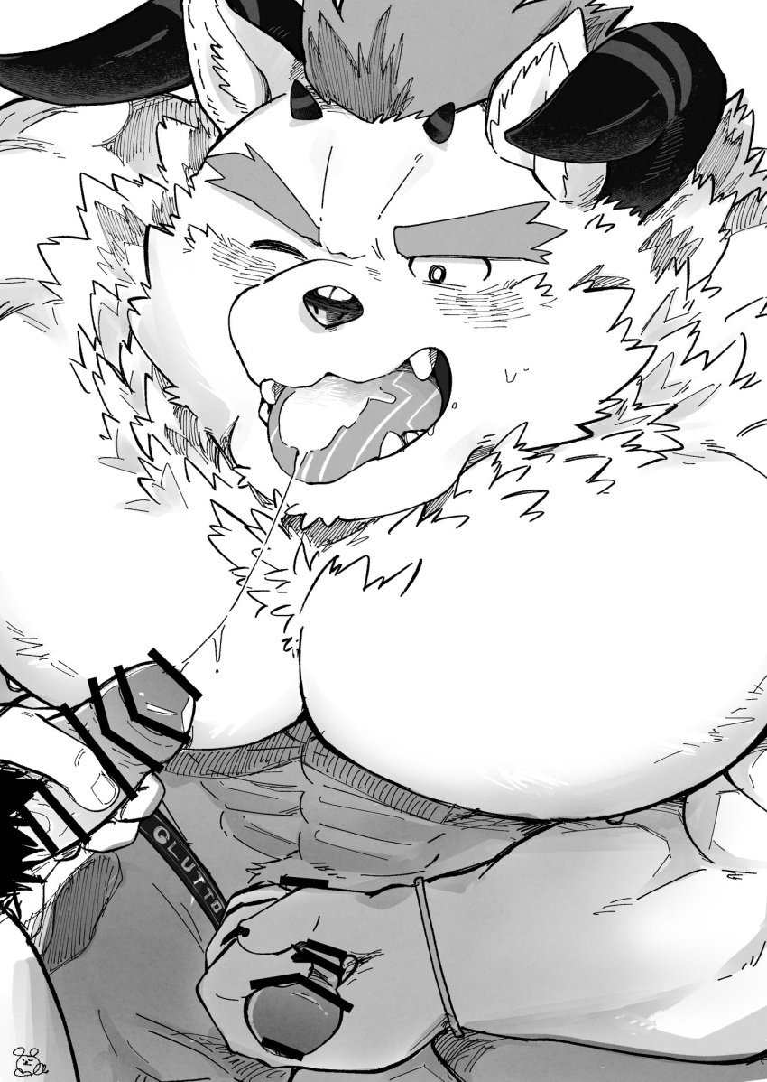 abs anthro balls behemoth_(tokyo_afterschool_summoners) blush bodily_fluids cum cum_in_mouth cum_inside duo erection eyebrows gay genital_fluids genitals hi_res horn lifewonders male male/male male_only masturbation monster muscular muscular_anthro muscular_male nipples pecs penis rudolph_trnd thick_eyebrows tokyo_afterschool_summoners tongue yaoi