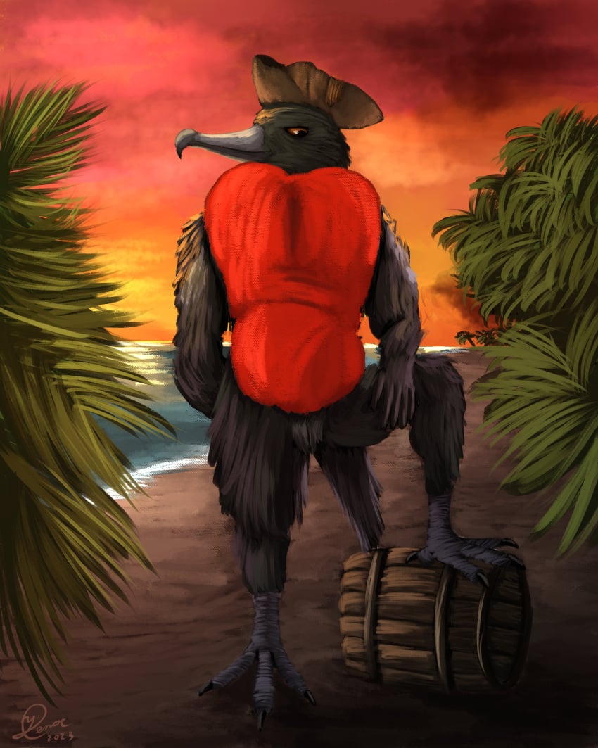 4:5 absurd_res alcohol anthro barrel beach beak beverage birdtember black_body black_feathers feathers hi_res landscape magnificent_frigatebird male nude palm_tree pirate_hat plant rum sand seaside solo standing sunset tree water yenocwolf