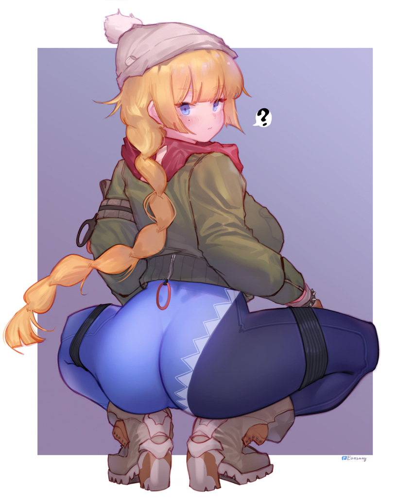 ? ass blonde_hair blue_eyes blush boots border eonsang female full_body girls'_frontline hat heels highres holster jacket long_hair long_sleeves looking_at_viewer looking_back mole mole_under_eye official_alternate_costume red_scarf scarf solo spoken_question_mark squatting thigh_holster vhs_(girls'_frontline) vhs_(keeper_on_page_8)_(girls'_frontline) white_border