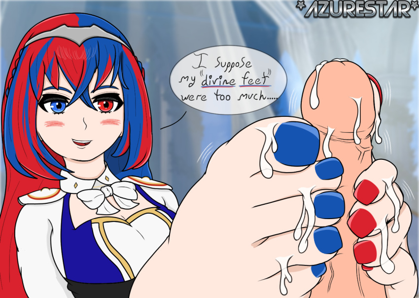 1boy 1girls alear_(fire_emblem) azurestar barefoot blue_eyes blue_hair blush bragging clothed_female_nude_male clothing cum cum_on_feet ejaculation english_text erection feet feet_on_penis feet_up female female_focus fire_emblem fire_emblem_engage foot_fetish foot_focus footjob heterochromia male milking multicolored_hair multicolored_nails nail_polish nintendo penis red_eyes red_hair smile solo_focus text toenail_polish toes toes_curled toes_scrunch two-footed_footjob