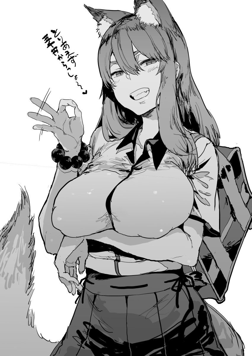 1girls arm_under_breasts big_breasts blush breasts_bigger_than_head clenched_teeth erect_nipples fate/extra_ccc_fox_tail fate/grand_order fate_(series) female fox_ears fox_girl fox_tail handjob_gesture inviting inviting_to_sex large_breasts long_hair looking_at_viewer nipple_bulge no_bra oosawara_sadao smile smirk solo suzuka_gozen_(fate)