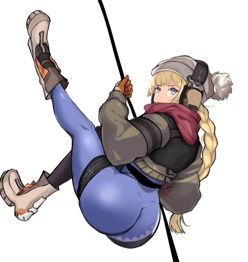 absurdres ass back blonde_hair blue_eyes boots braid braided_ponytail brown_jacket closed_mouth female girls'_frontline gloves grey_headwear headphones highres holding holding_rope jacket leggings legs legs_up long_hair looking_at_viewer loveu official_alternate_costume orange_gloves plate_carrier rappelling red_scarf rope scarf solo spandex thighs vhs_(girls'_frontline) vhs_(keeper_on_page_8)_(girls'_frontline) white_background