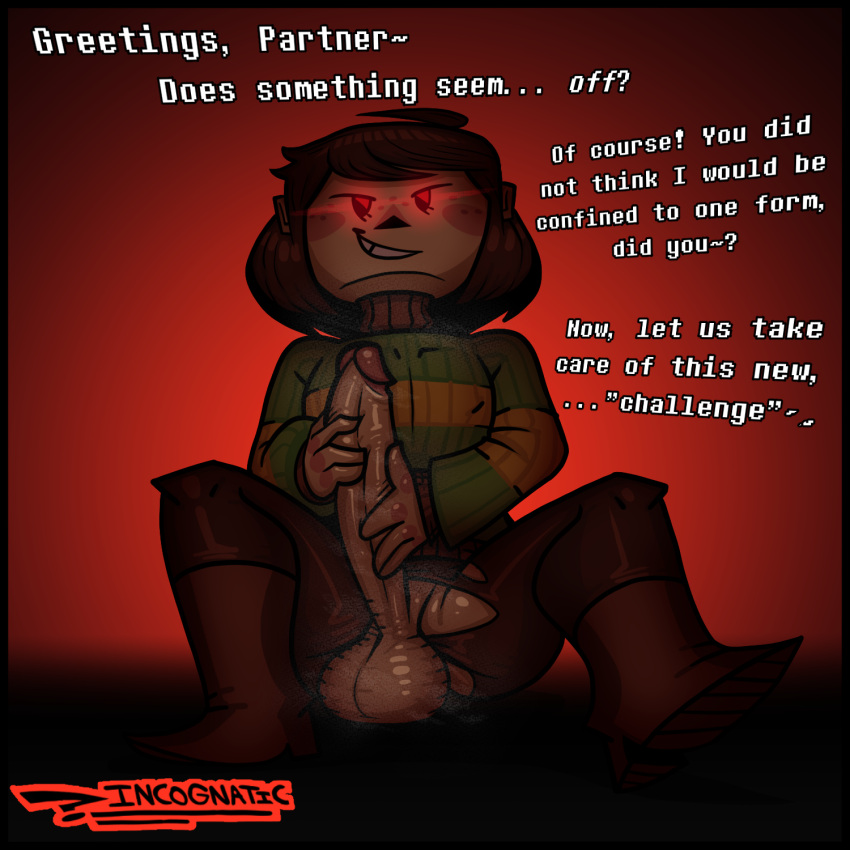 2d 2d_(artwork) 2d_artwork big_cock boots brown_hair chara color dialogue english english_dialogue english_text flat_chest glowing_eyes hyper_penis incognatic male_only musk_clouds pale_skin red_eyes ripped_leggings shortstack smug_face sweater tagme text uncensored uncensored_penis undertale undertale_(series)