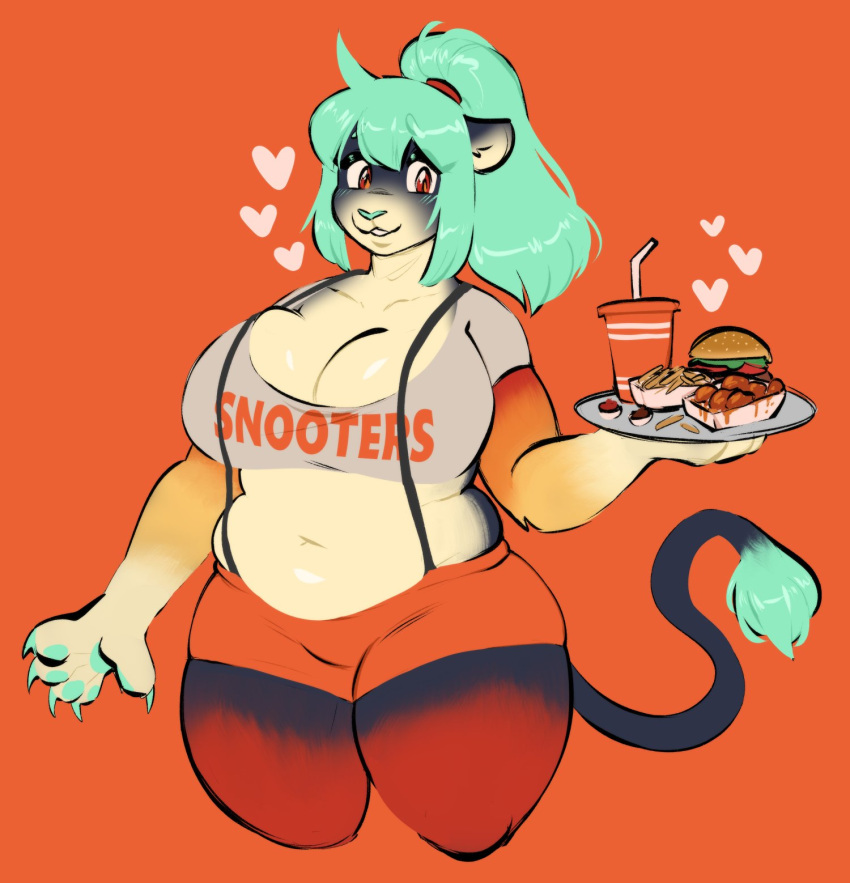 anthro big_breasts breasts chubby chubby_female cleavage clothed clothing female furry furry_only heart hooters hooters_uniform saintsucrose solo tagme tail thick_thighs wide_hips